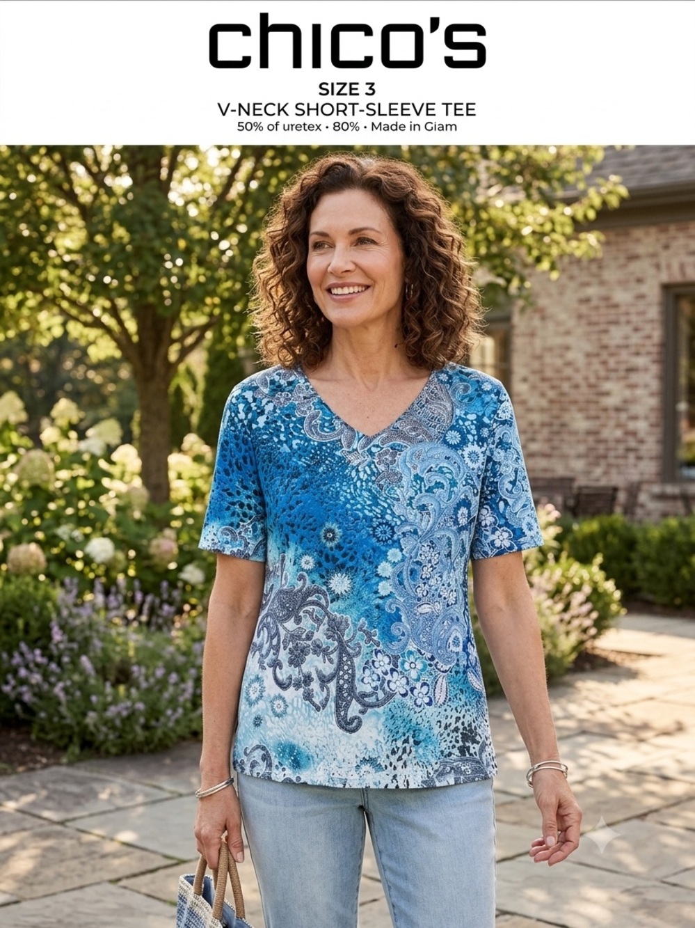 Chico's Blue Patterned V-Neck Short Sleeve Tee
